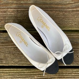 Authentic CHANEL White Glitter Fabric Flats - 37.5